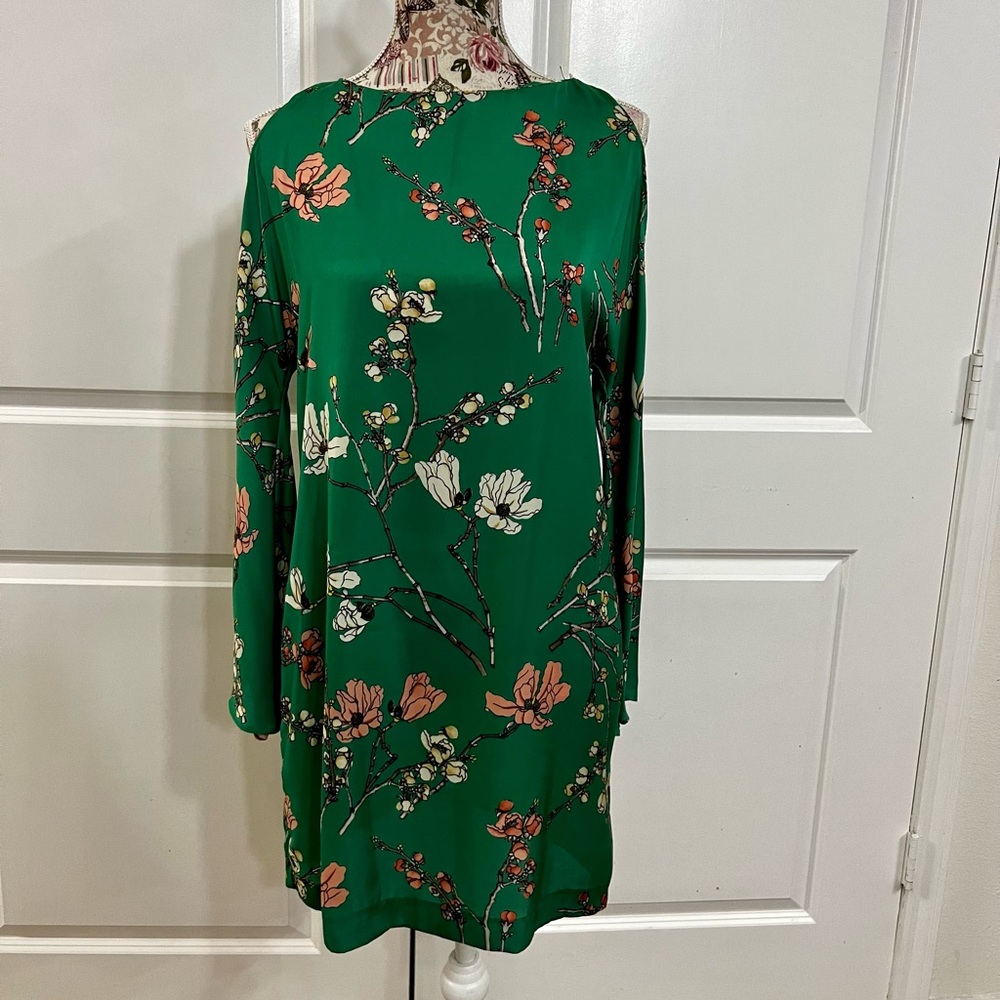 Green floral cold shoulder dress by Zara.